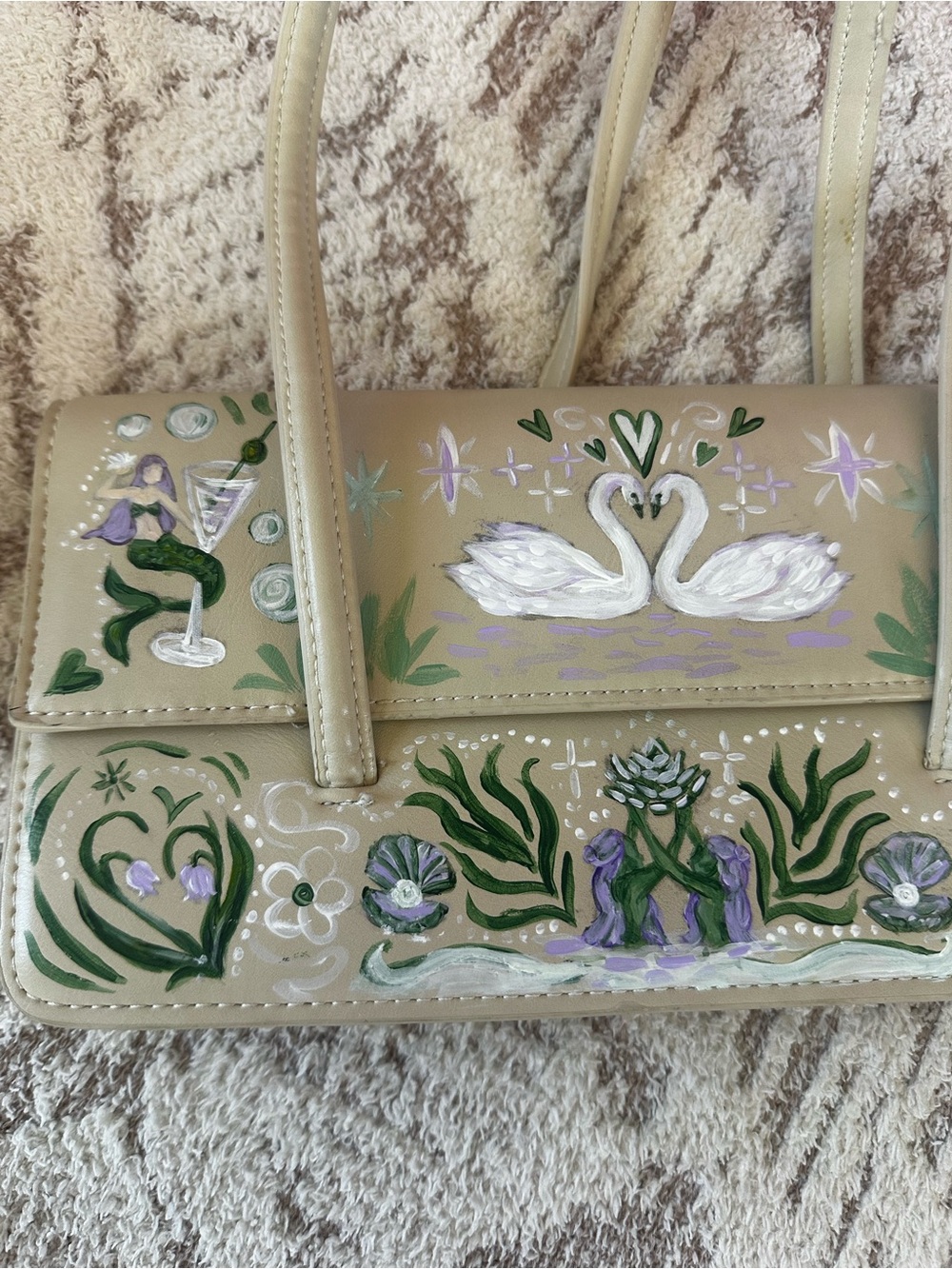 Mermaid Swan Art Bag Vintage MNG Hand Painted Vegan Leather - Picture 7 of 16